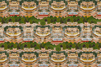 Royal garden wallpaper showing pink palaces, green orchards, and pale blue water pond., GD10208