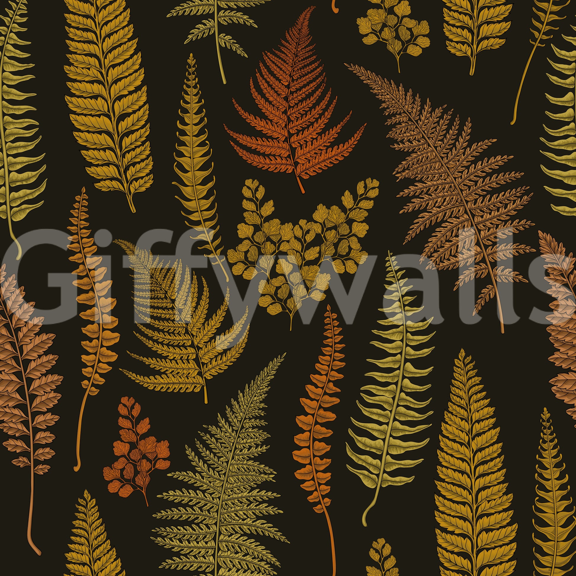 Ferns wallpaper with golden, mustard, and rust fern fronds on a charcoal-black background., GD10211