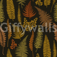 Ferns wallpaper with golden, mustard, and rust fern fronds on a charcoal-black background., GD10211