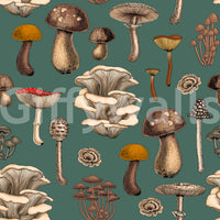 Pine green mushroom wallpaper showing cream caps, brown stems and ochre tops., GD10223