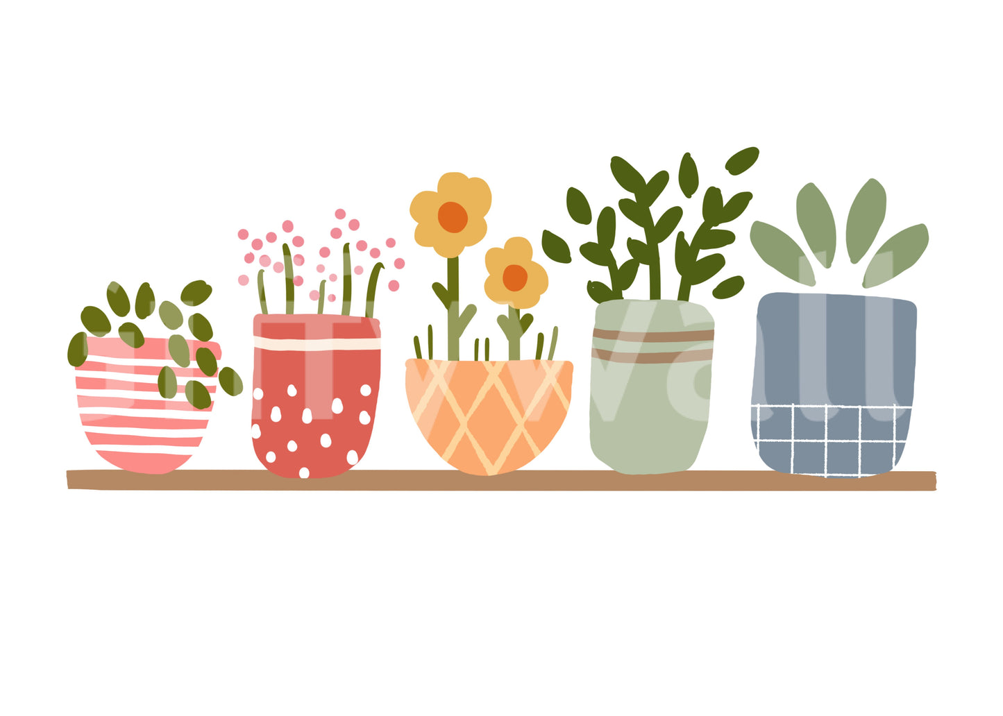 White wall mural featuring potted plants in coral, peach, sage and slate blue., GD10224