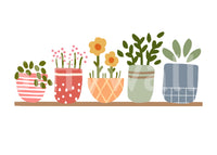 White wall mural featuring potted plants in coral, peach, sage and slate blue., GD10224