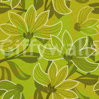 Green retro floral wallpaper showing five-petal flowers and olive leaves., GD10225
