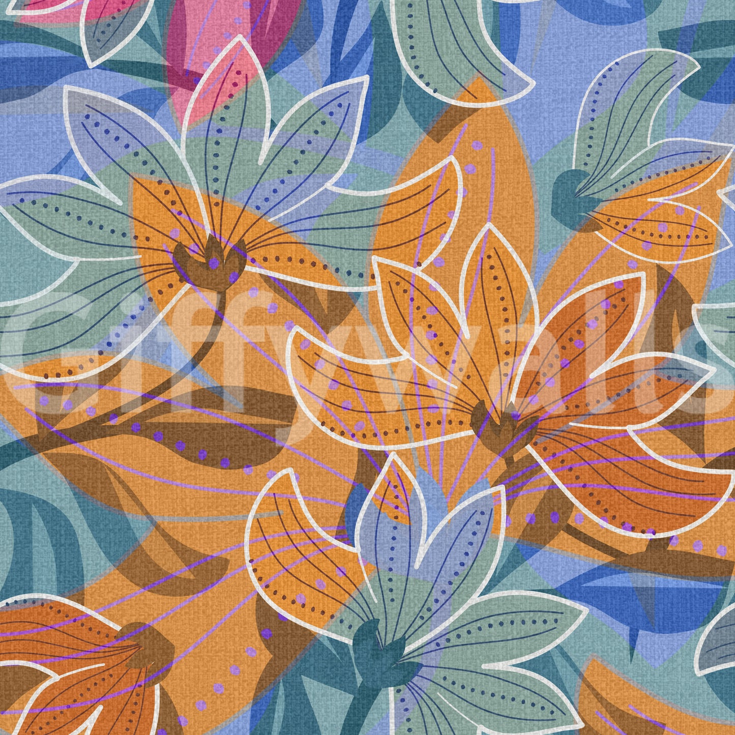 Layered floral wallpaper with orange and blue magnolia blooms., GD10226