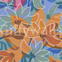 Layered floral wallpaper with orange and blue magnolia blooms., GD10226