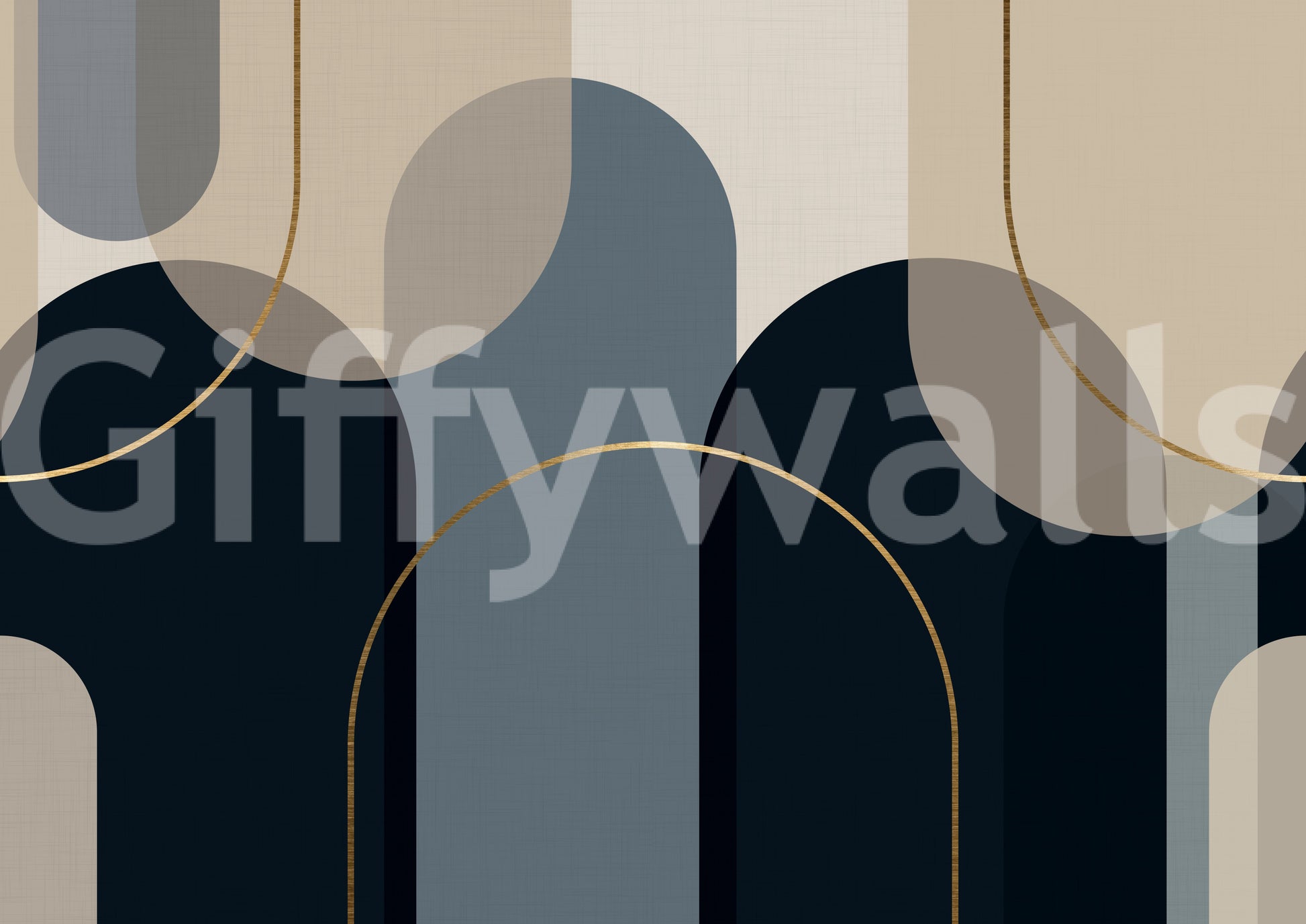 Wall mural with overlapping arches in midnight navy, beige, slate blue, taupe and gold curves., GD10237