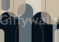 Wall mural with overlapping arches in midnight navy, beige, slate blue, taupe and gold curves., GD10237