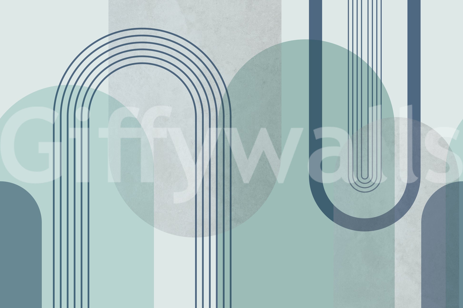 Mid-century arch mural showing sage teal slate and grey overlapping shape., GD10239