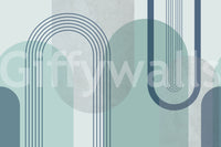 Mid-century arch mural showing sage teal slate and grey overlapping shape., GD10239