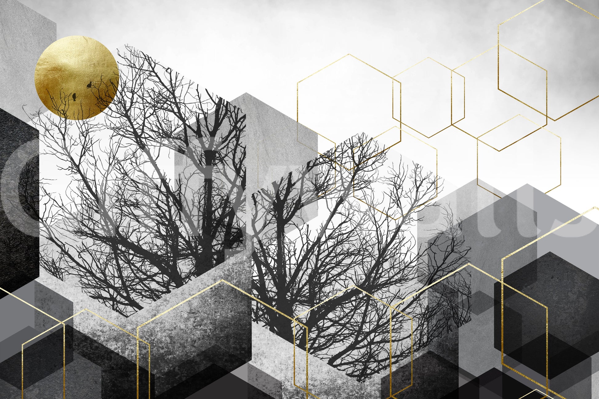 Gold and grey geometric tree silhouette wall mural with urban forest design., GD10241