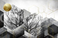 Gold and grey geometric tree silhouette wall mural with urban forest design., GD10241