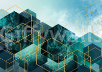 Contemporary gold pattern wall mural overlapping dark blue polygon shapes., GD10245