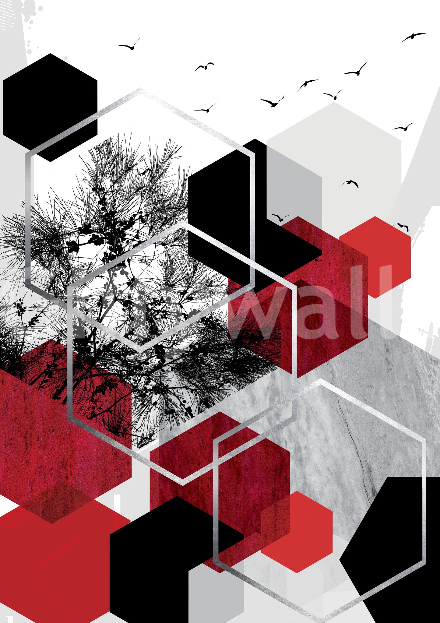 Monochrome forest elements mixed with red cubes in a Nature wall mural., GD10246