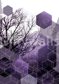 Deep violet and black geometry patterned wall mural with tree outlines., GD10247