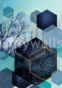 geometric hexagon wall mural showing teal, navy, and gold tones., GD10249
