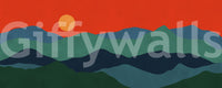 Block-tone mountain wall mural with orange sun on red sky., GD10252