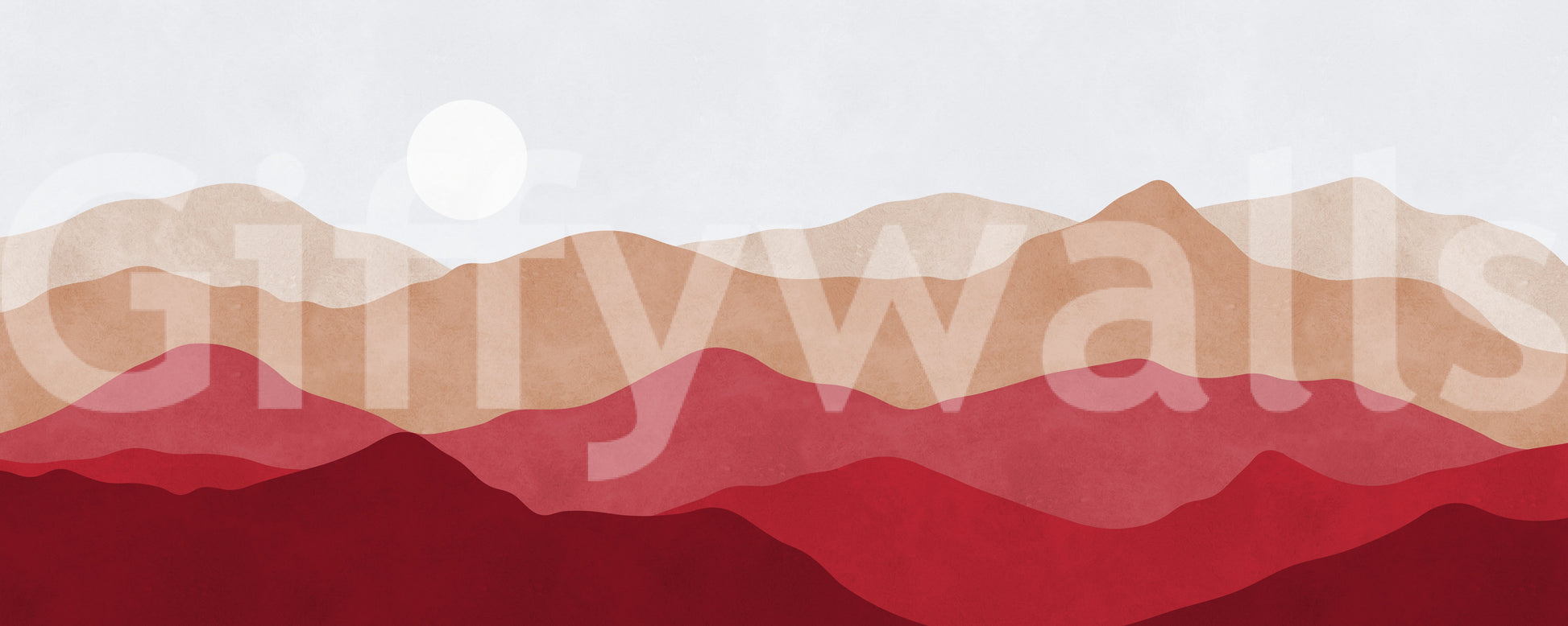 Abstract scenery Crimson wall mural with smooth wavy hills and light neutral sky., GD10253