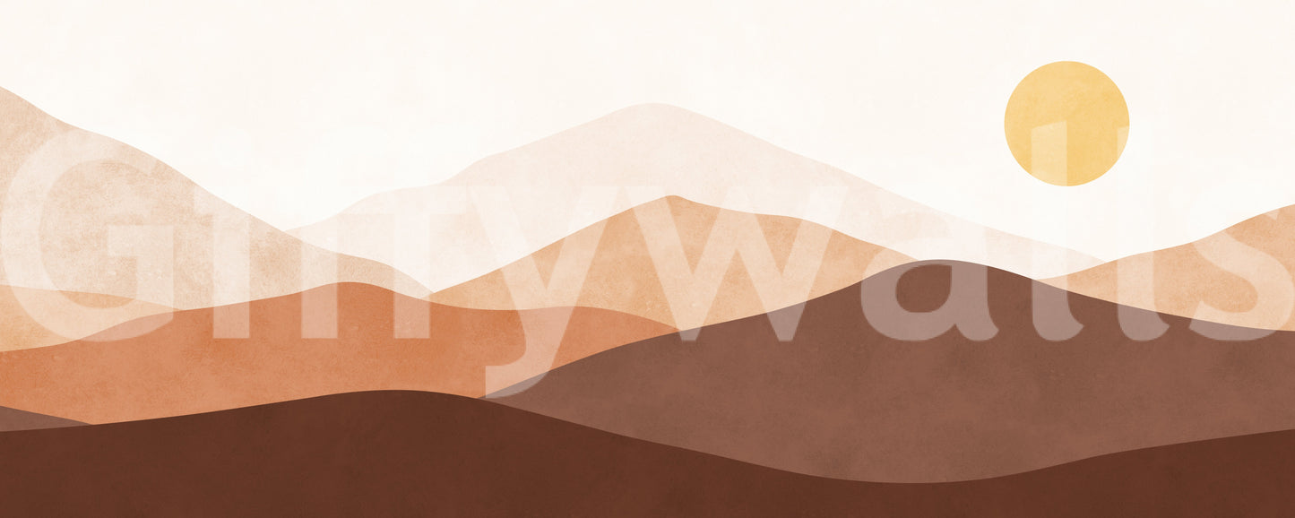 Sun and layered hills on Desert wall mural in beige and ochre colour tones., GD10258