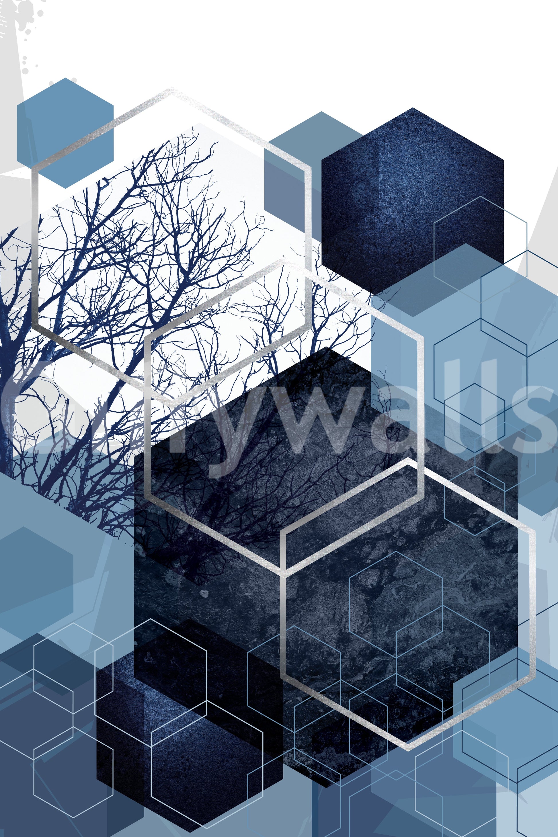 Indigo navy wall mural layered over detailed black tree branch silhouettes., GD10259
