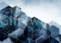 Geometric Blue graphic wall mural showcasing textured block clusters., GD10263