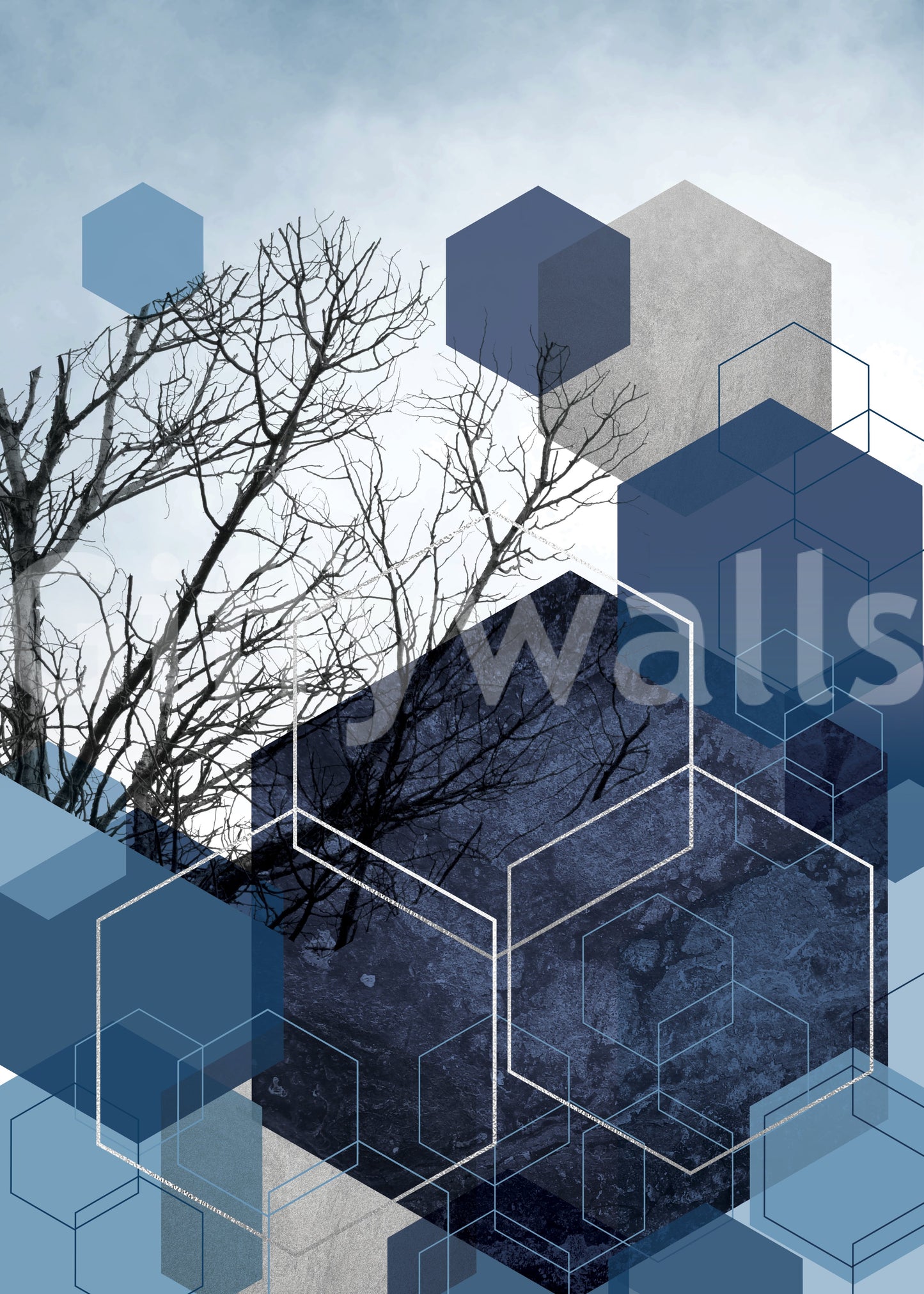 Embrace navy wall mural layered over detailed black tree silhouettes., GD10264