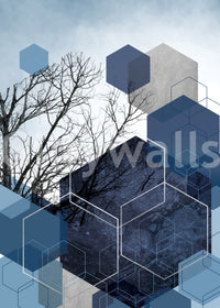 Embrace navy wall mural layered over detailed black tree silhouettes., GD10264