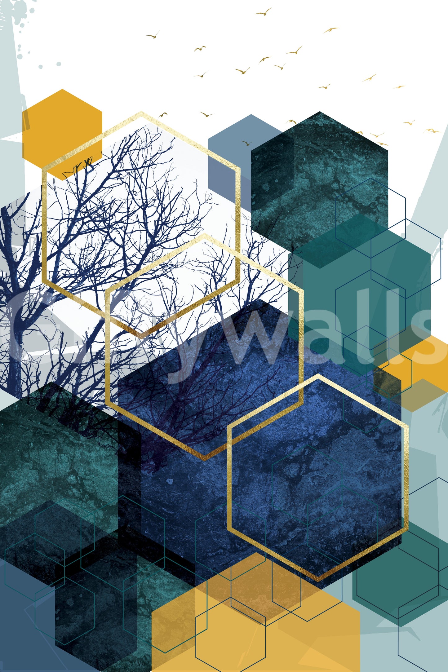 Contemporary Geometry wall mural presenting silhouette trees and blue shapes., GD10266
