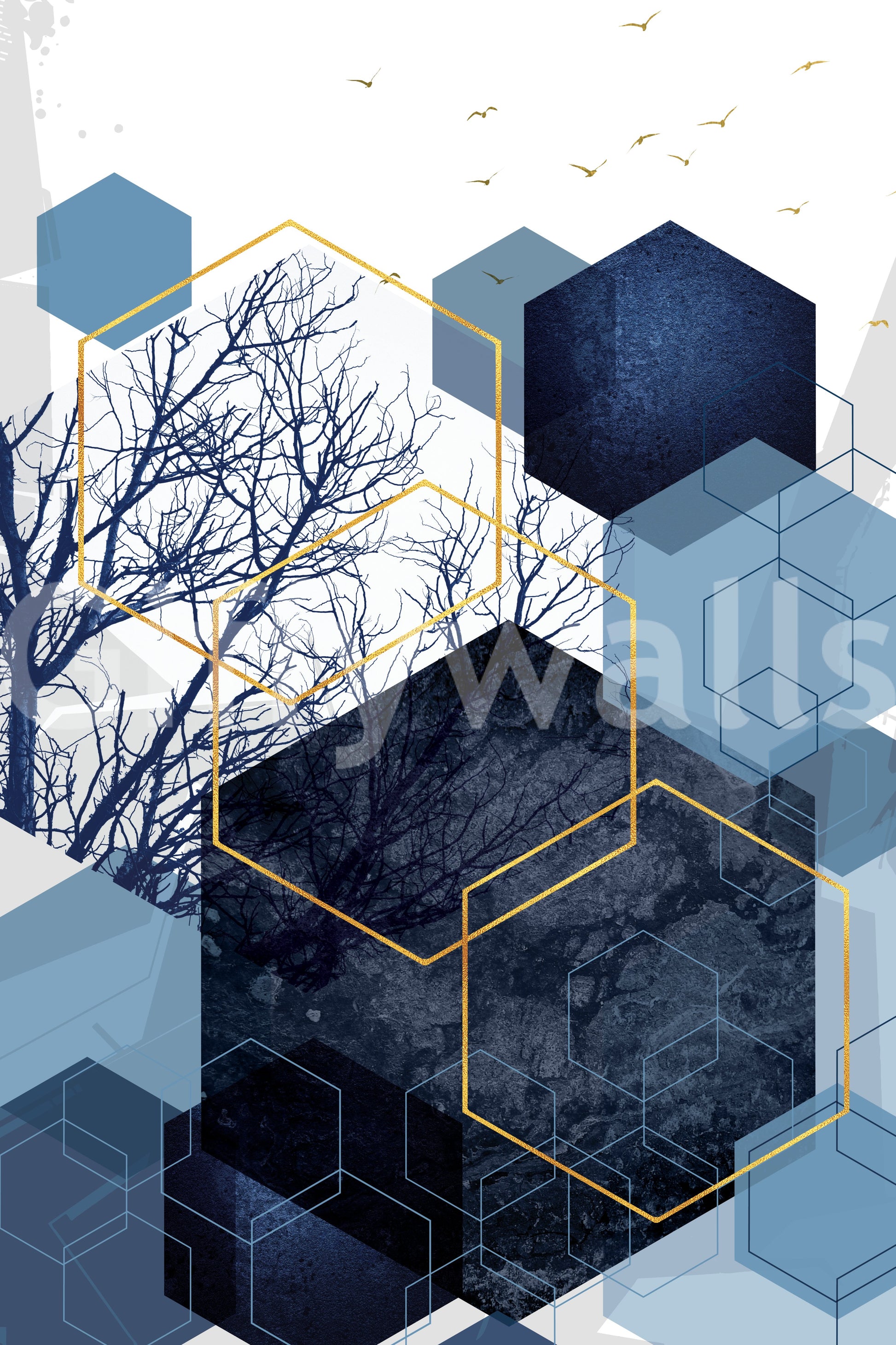 Modern art Geometry wall mural displaying blue textures and gold outline., GD10268