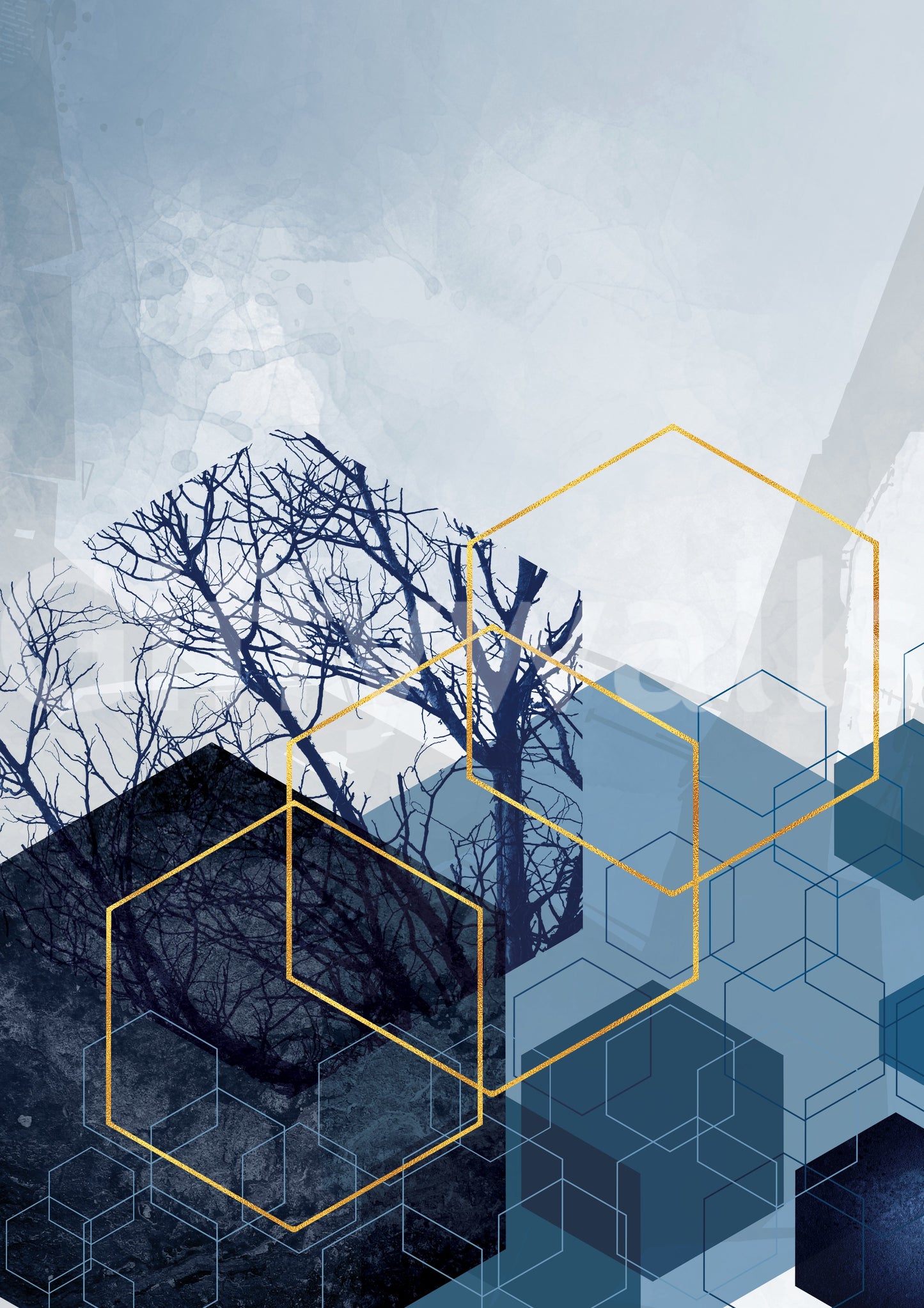 Geometric forest wall mural with deep blue and metallic gold details., GD10270