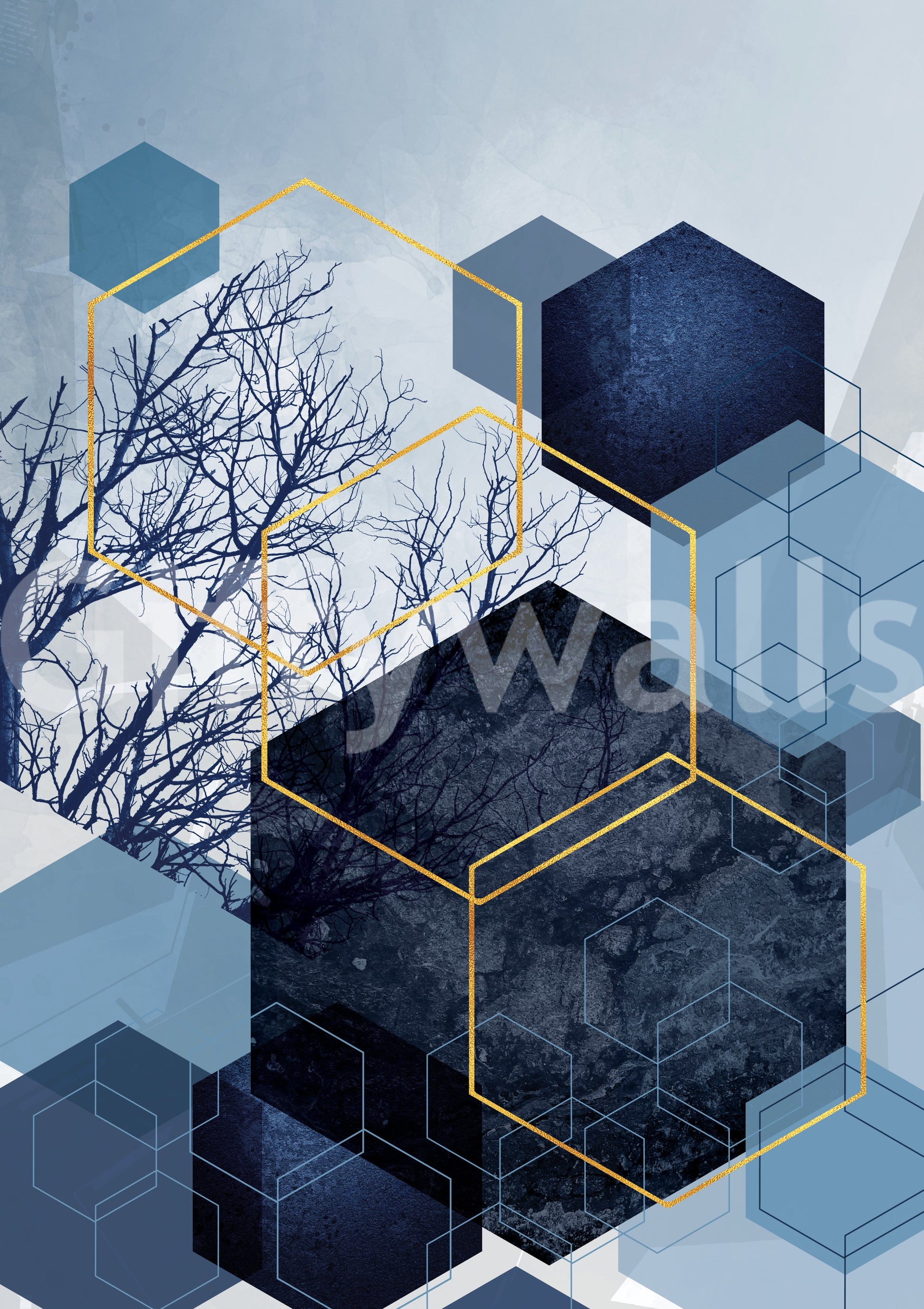 Contemporary wall mural featuring gold frames and dark nature motifs.