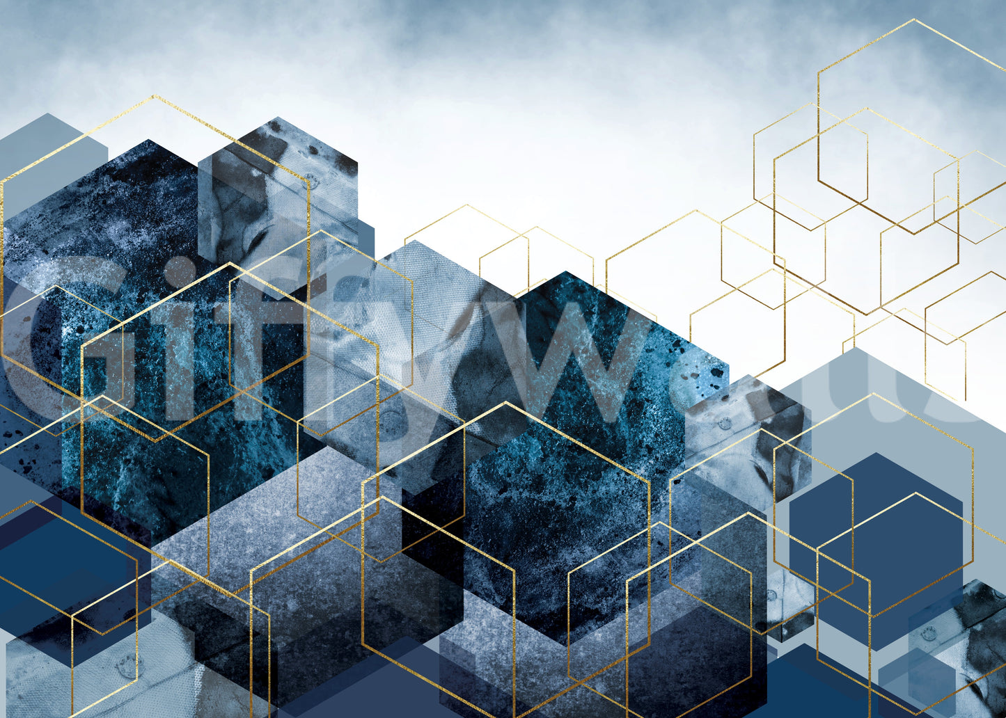 Modern wall mural design with gold lines and navy blue hexagons., GD10272