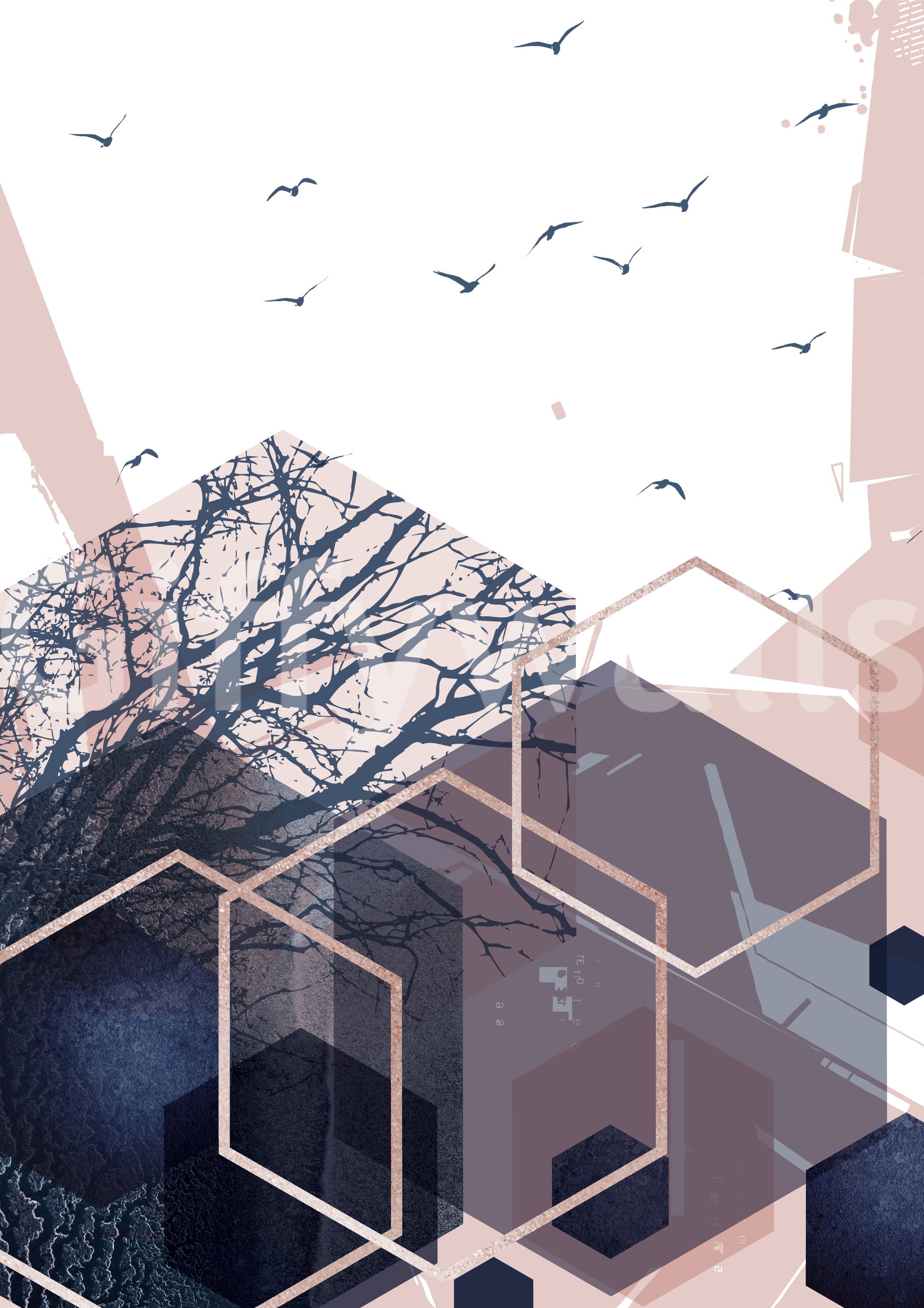 Artistic wall mural with birds and pink geometric patterns., GD10274