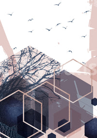 Artistic wall mural with birds and pink geometric patterns., GD10274