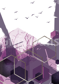 Geometric wall mural with abstract trees and birds on a white background., GD10275