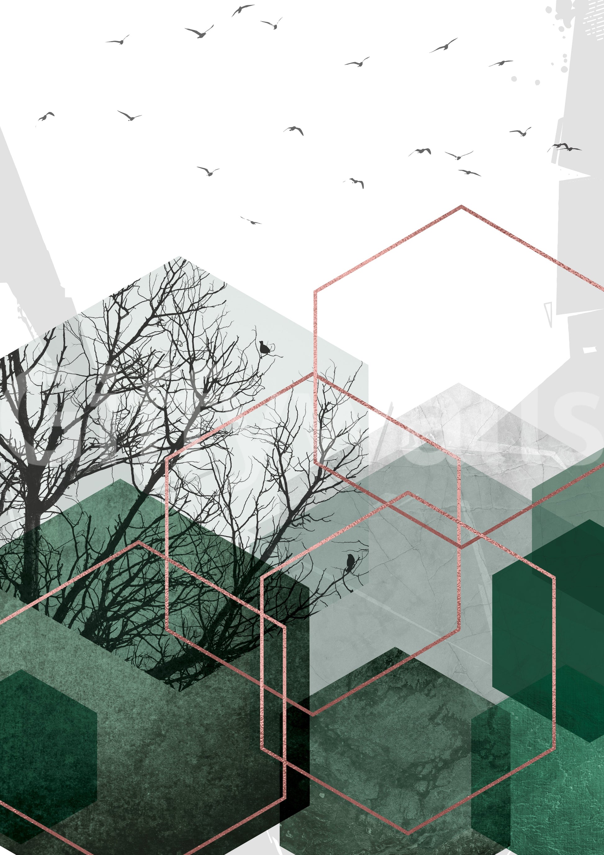 Artistic emerald wall mural featuring abstract shapes and monochromatic trees., GD10277