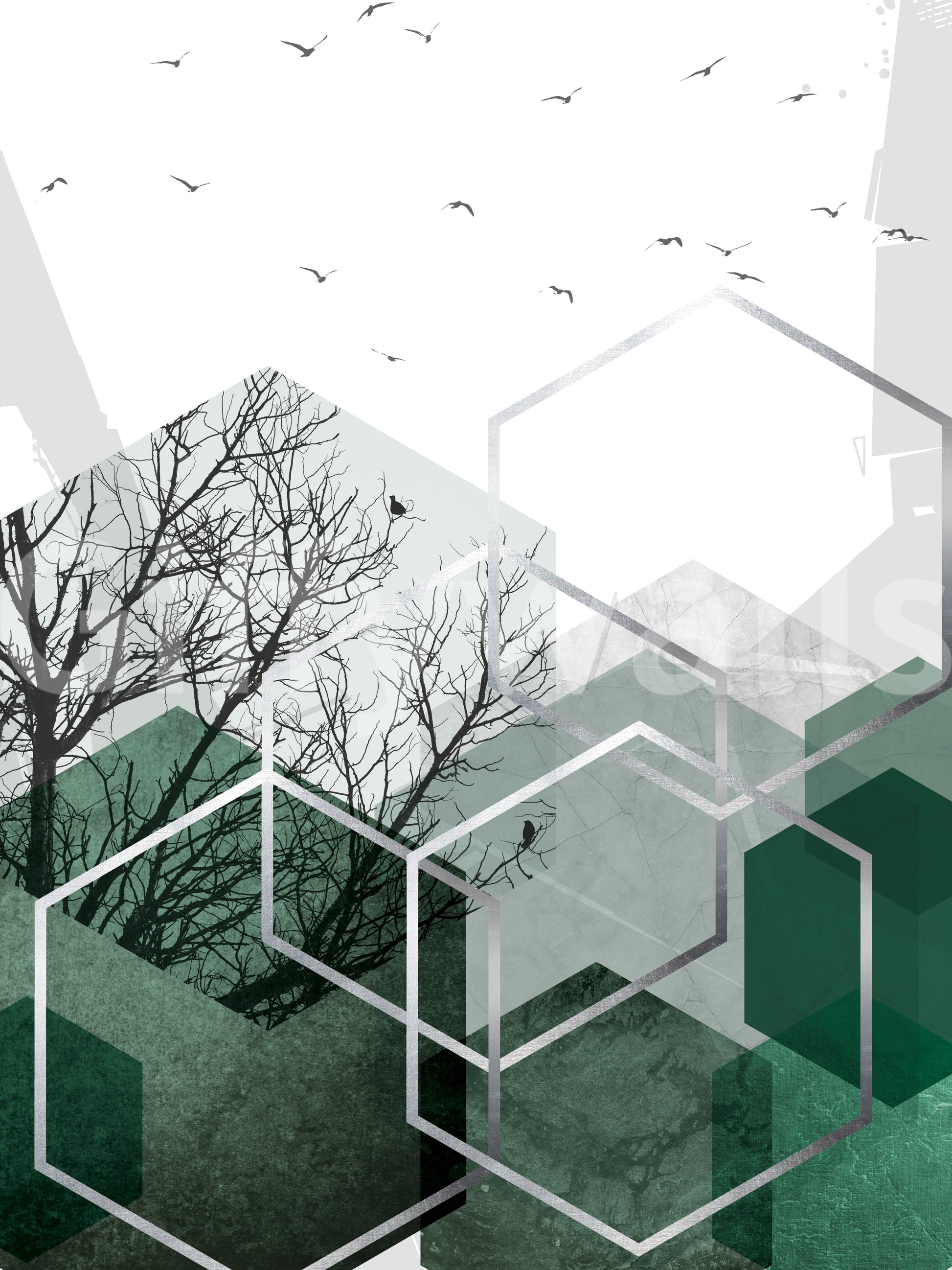 Geometric Canopy Birds Wall Mural in muted shades of forest green and grey., GD10279