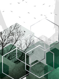Geometric Canopy Birds Wall Mural in muted shades of forest green and grey., GD10279