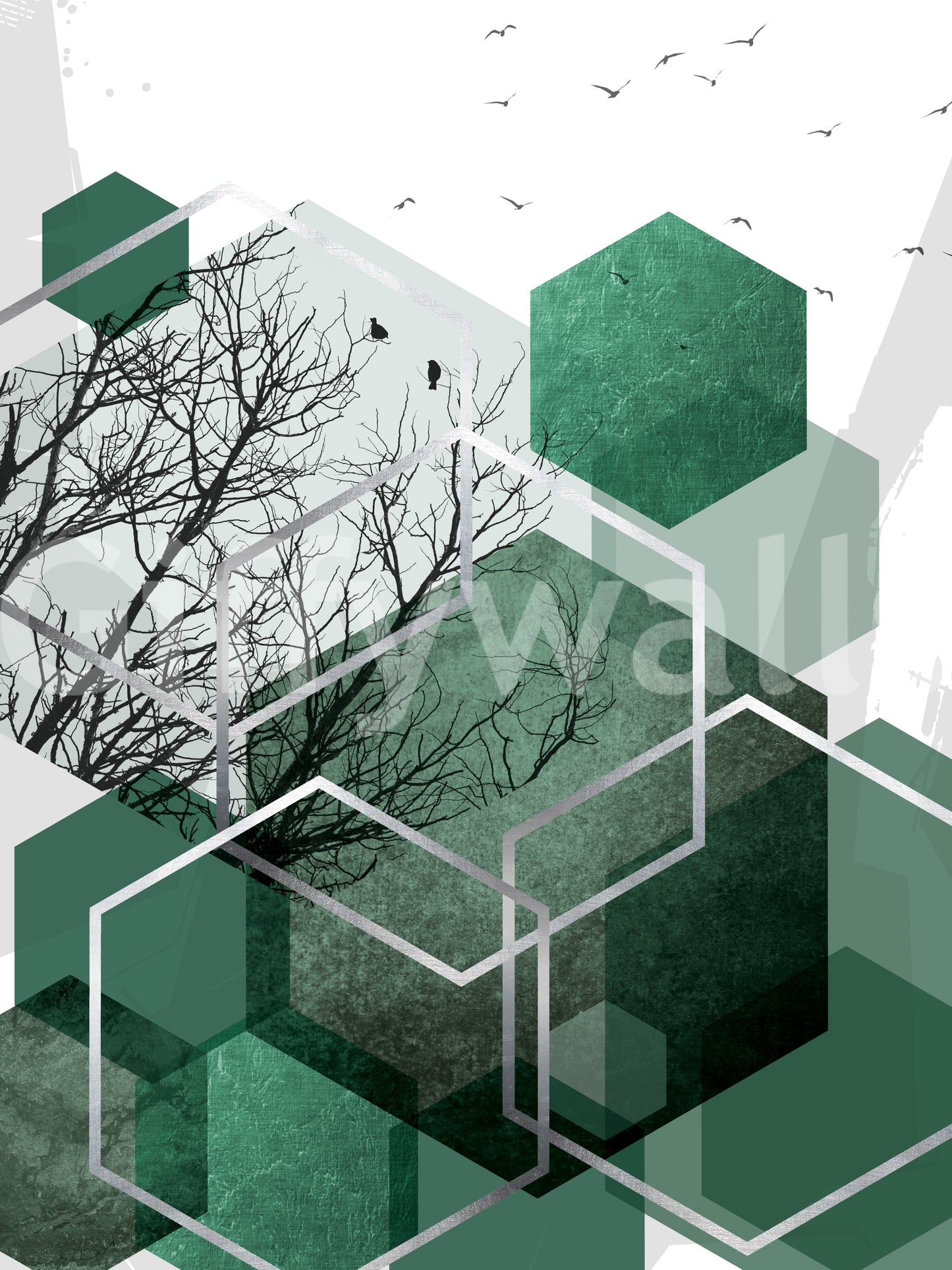Abstract wall mural showing layers of green blocks and a flock of birds., GD10280