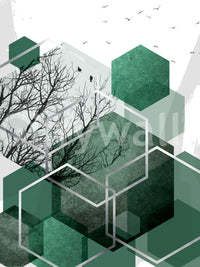 Abstract wall mural showing layers of green blocks and a flock of birds., GD10280