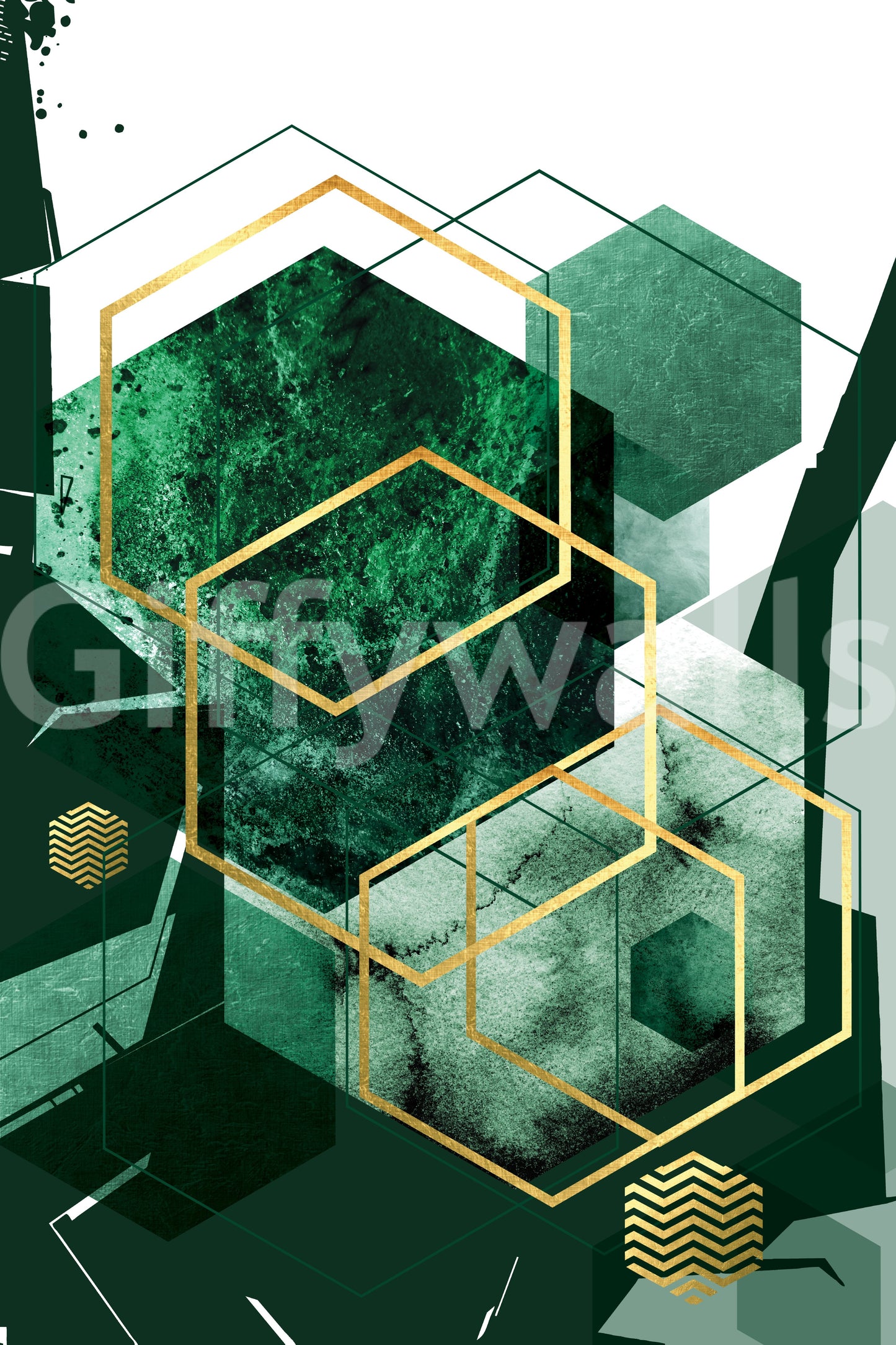 Sophisticated wall mural with dark green blocks and golden details., GD10281