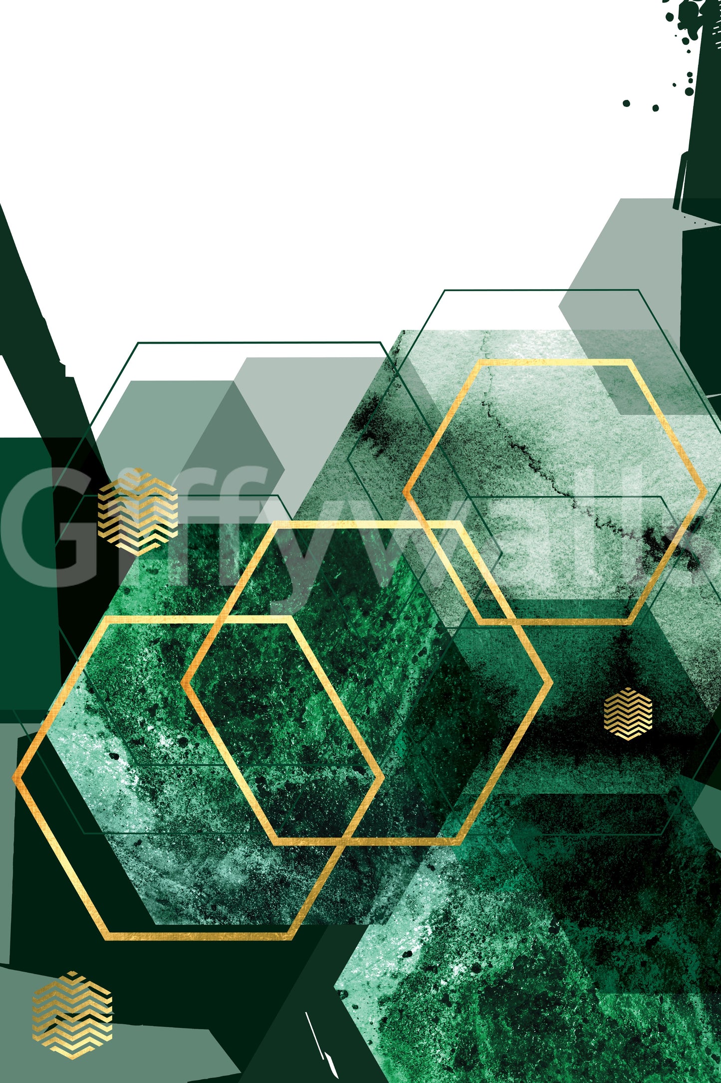 Hexagon wall mural design with metallic gold accents on a dark green surface., GD10282
