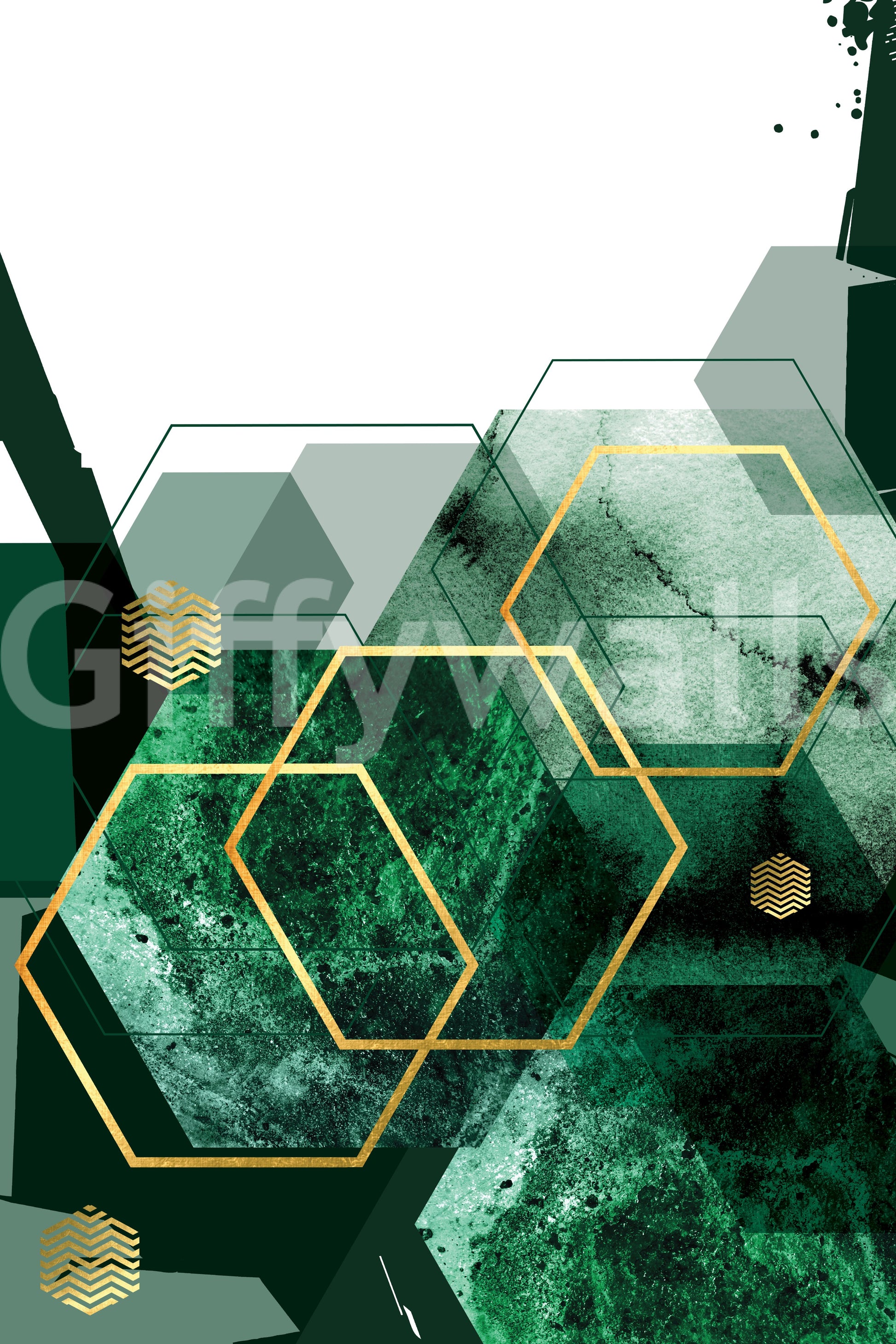 Hexagon wall mural design with metallic gold accents on a dark green surface., GD10282