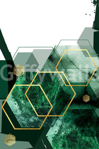 Hexagon wall mural design with metallic gold accents on a dark green surface., GD10282