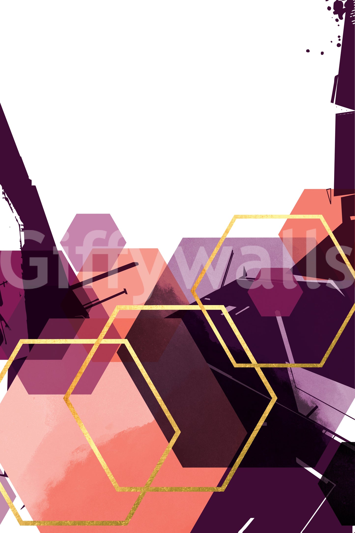 Hexagon patterned wall mural with a white and purple color scheme., GD10285