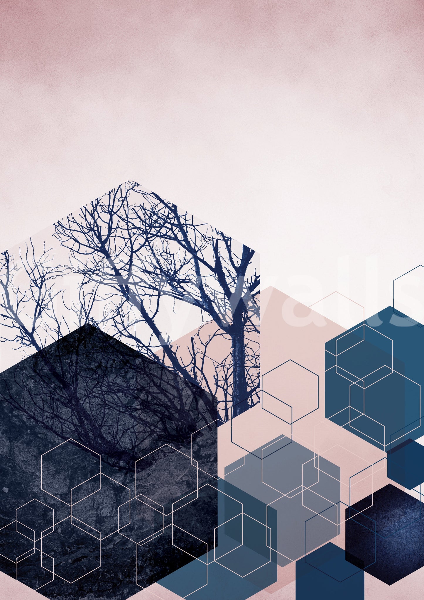 Geometric Grove Midnight & Blush Wall Mural with a modern aesthetic., GD10286