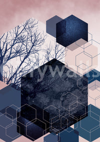 Geometric grove wall mural showing midnight, blush and teal hexagon palette., GD10287