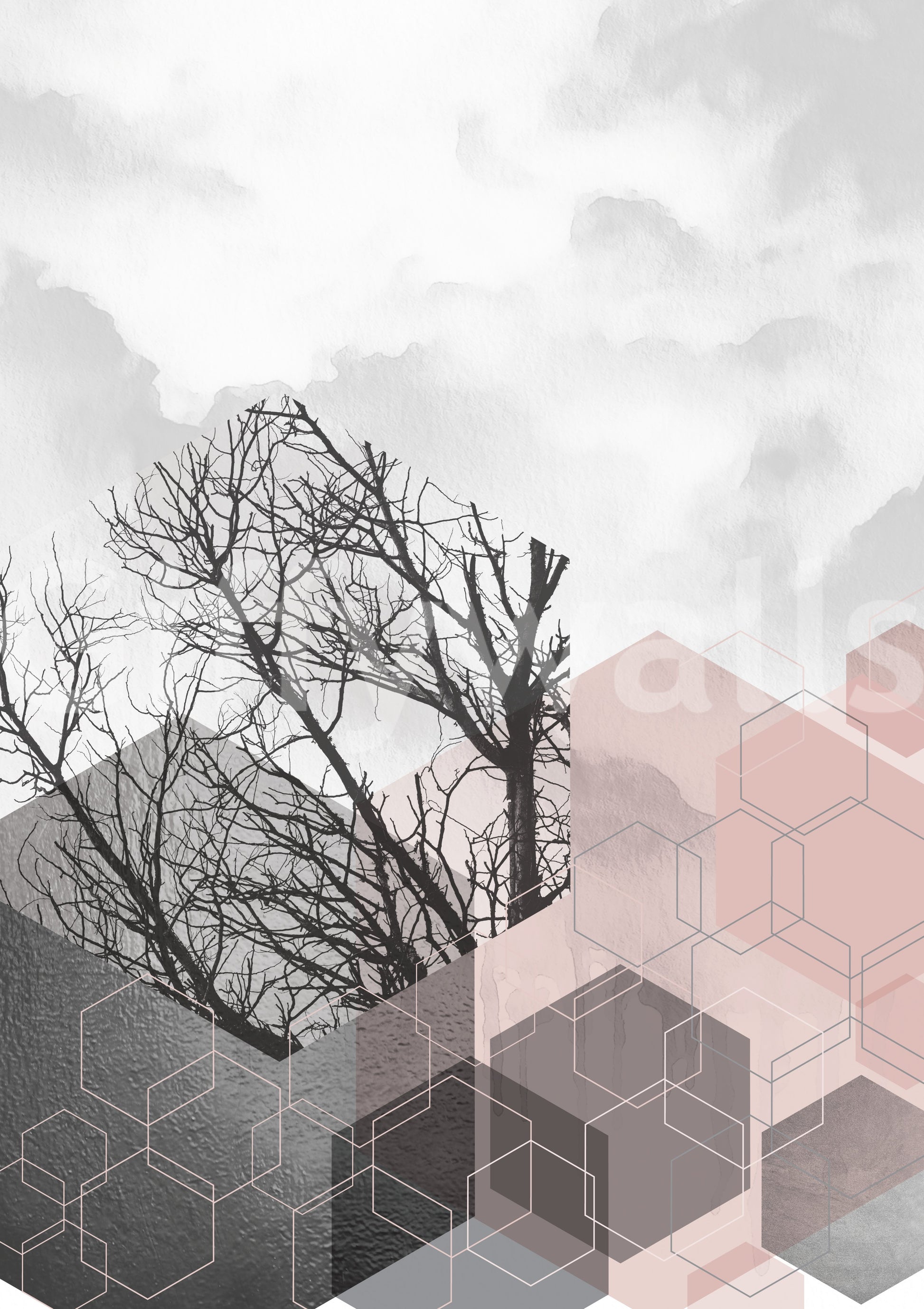 Geometric hexagon wall mural with winter tree in blush, charcoal and silver tones., GD10288