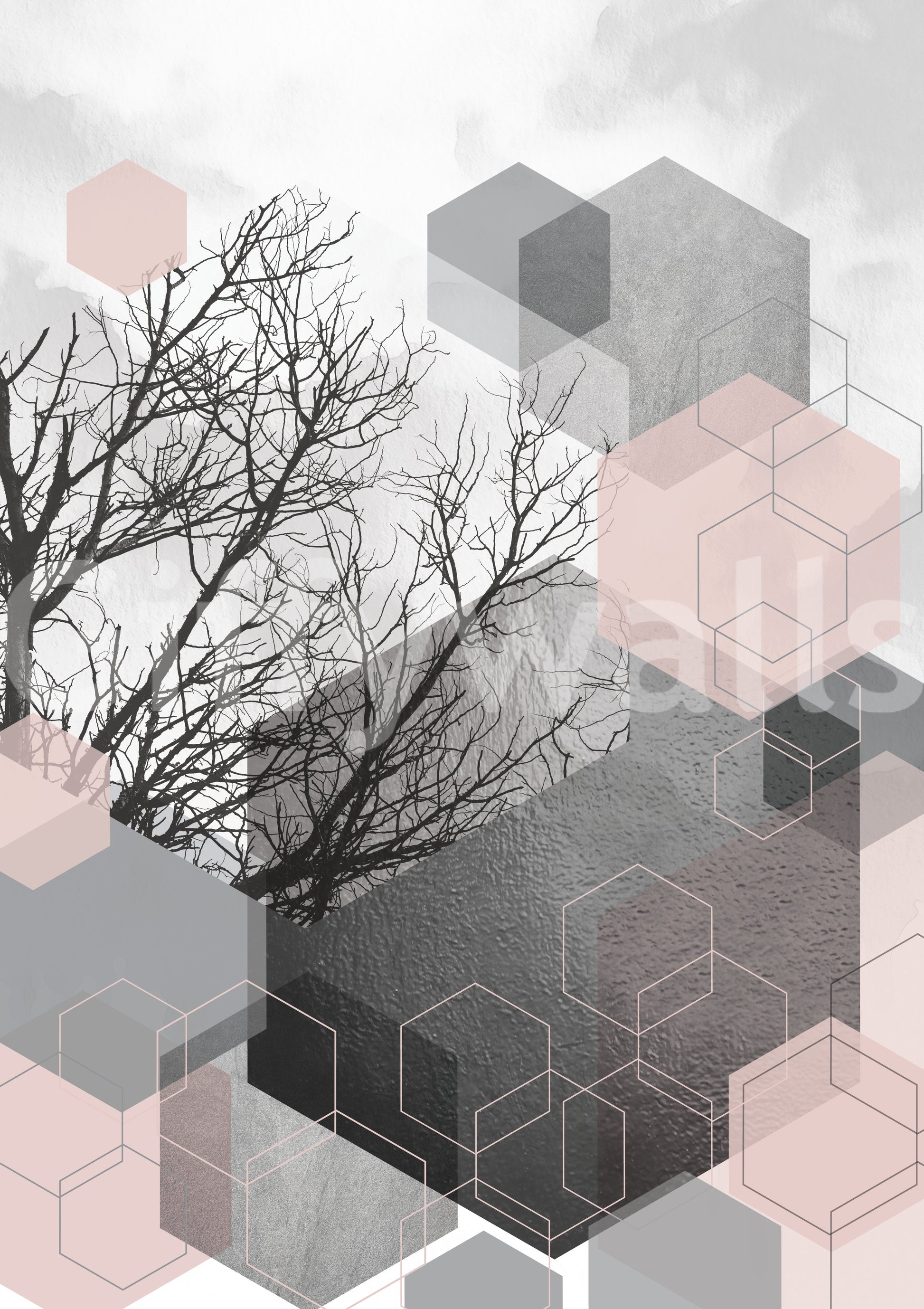Geometric hexagon wall mural with bare trees in blush and silver tones., GD10290