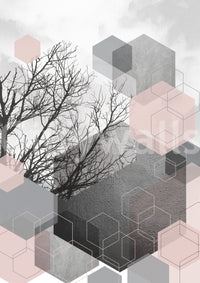 Geometric hexagon wall mural with bare trees in blush and silver tones., GD10290