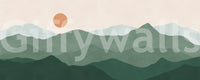 Wall mural showing green mountain ridges with terracotta sun on cream sky., GD10292